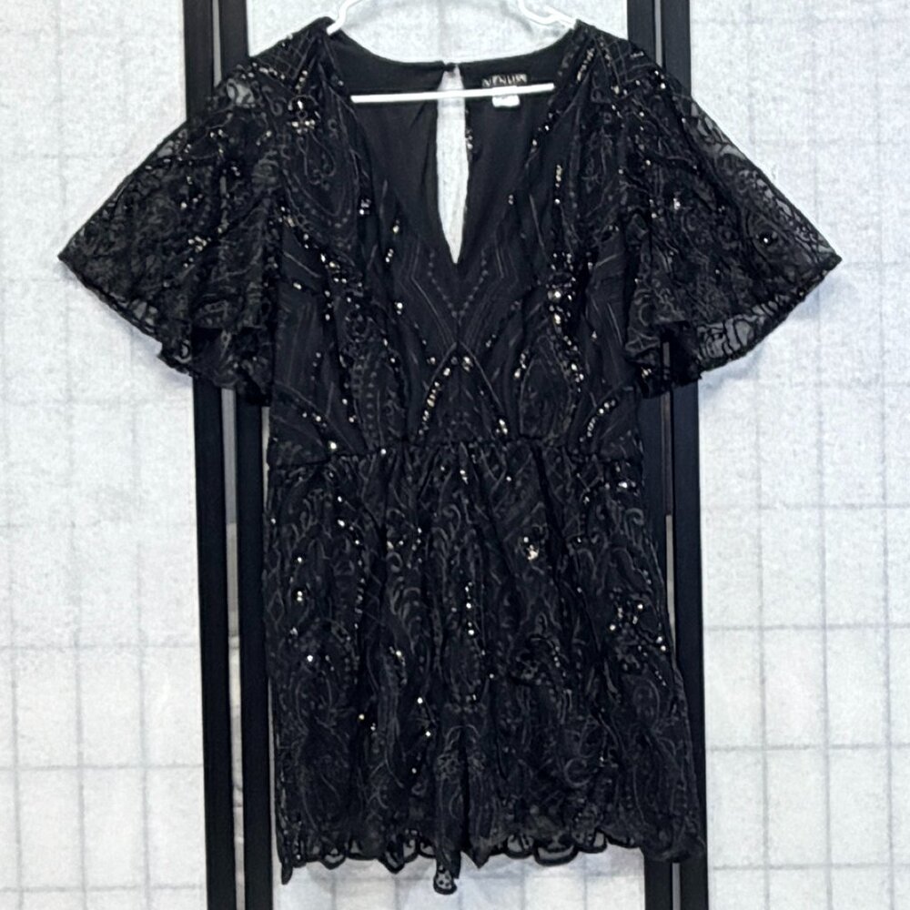 Venus Black Lace Sequin Romper 14 V-Neck Gathered Waist Flirty Shorts Sparkle